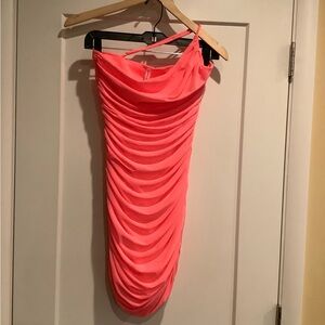 Lucy in the Sky One Shoulder Neon Pink Mesh Mini Dress